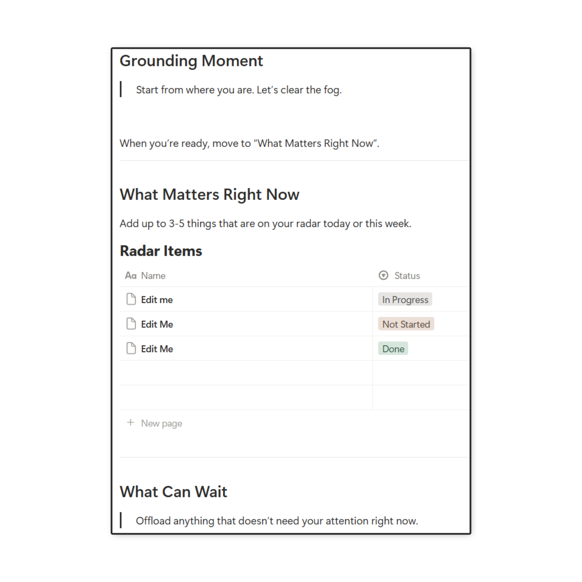 Snapshot overview of the initial flow from Grounding Moment, What Matters right now, with a customizable list of items, to What can Wait