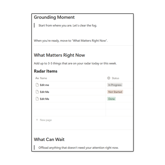 Snapshot overview of the initial flow from Grounding Moment, What Matters right now, with a customizable list of items, to What can Wait