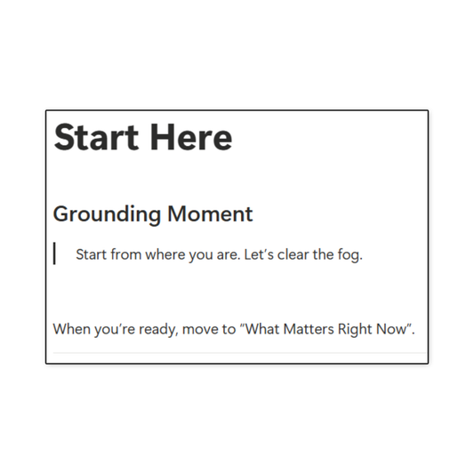 Screenshot of Start Here, Grounding Moment. Start from where you are. Let's clear the fog. 
When you're ready, move to "What Matters Right Now"