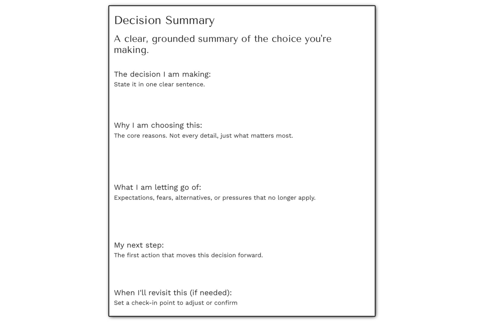 Full page view of the Decision Summary, subtitle, and prompts. 